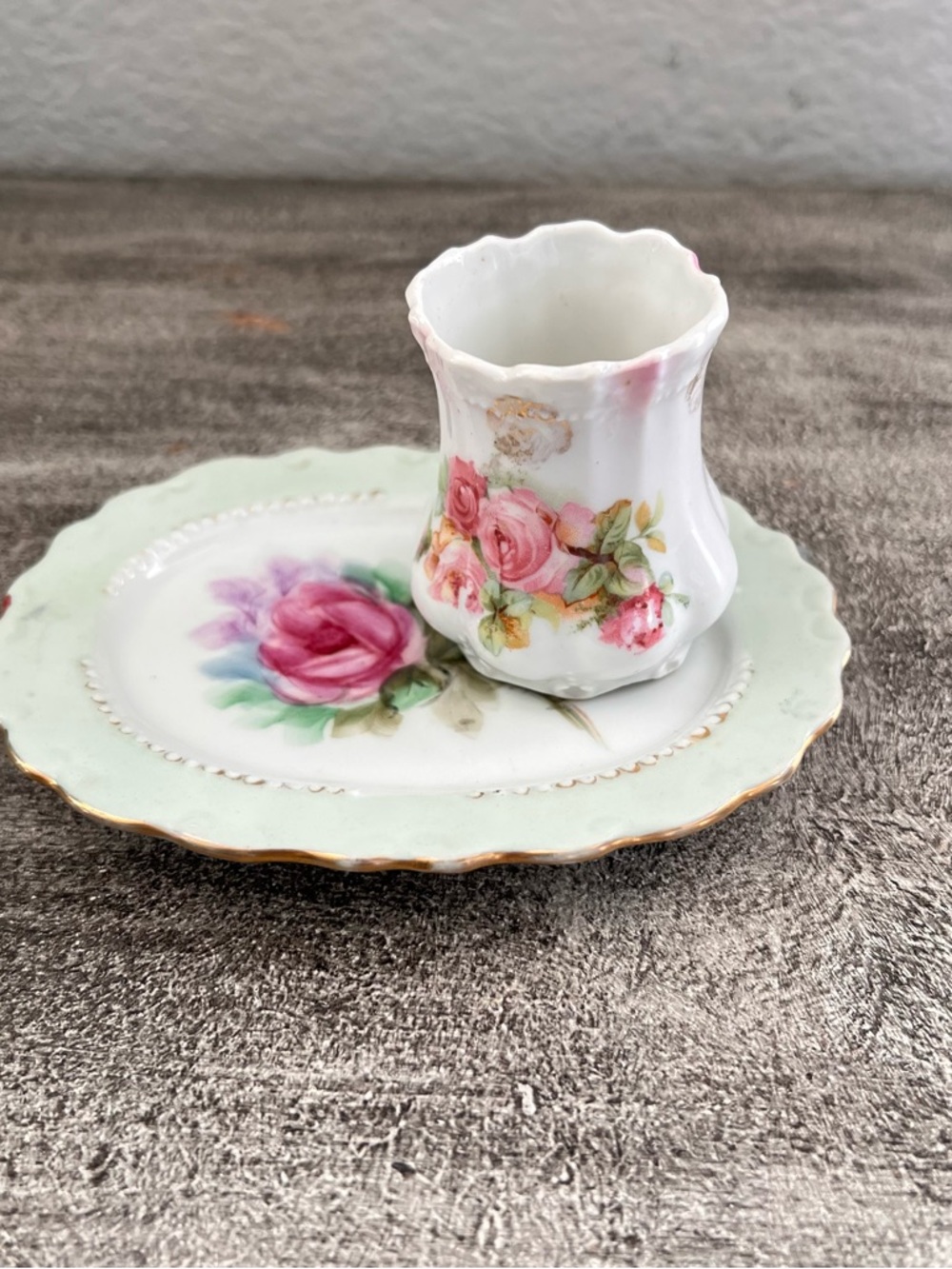 Vintage Porcelain Toothpick or Match Holder with Matching Plate Pink Rose